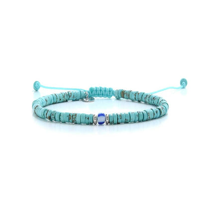 turquoise men's bracelets shown in full view with turquoise clay beads with blue accent bead and adjustable cord