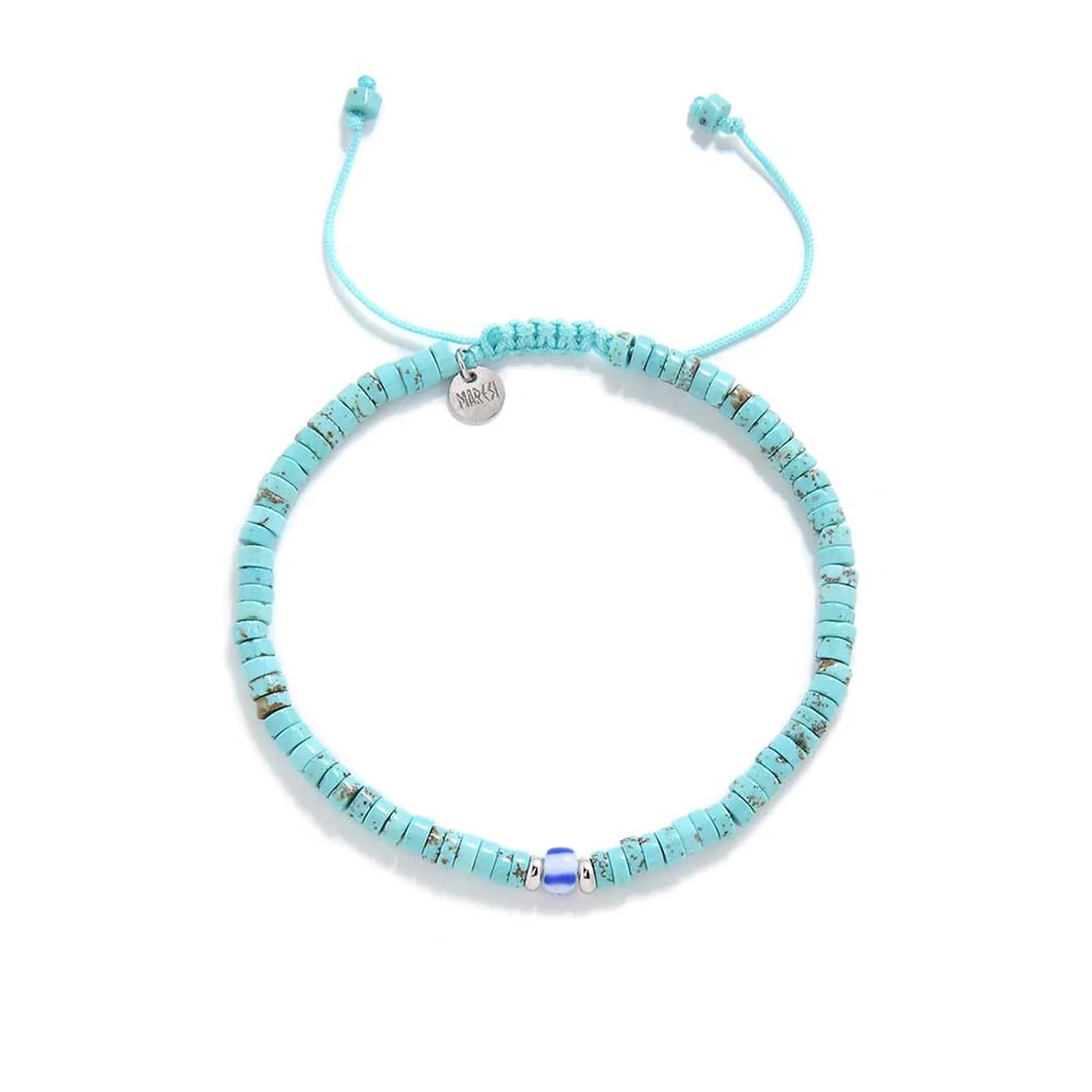 turquoise men's bracelets shown from above with turquoise clay beads with blue accent bead and round bracelet shape