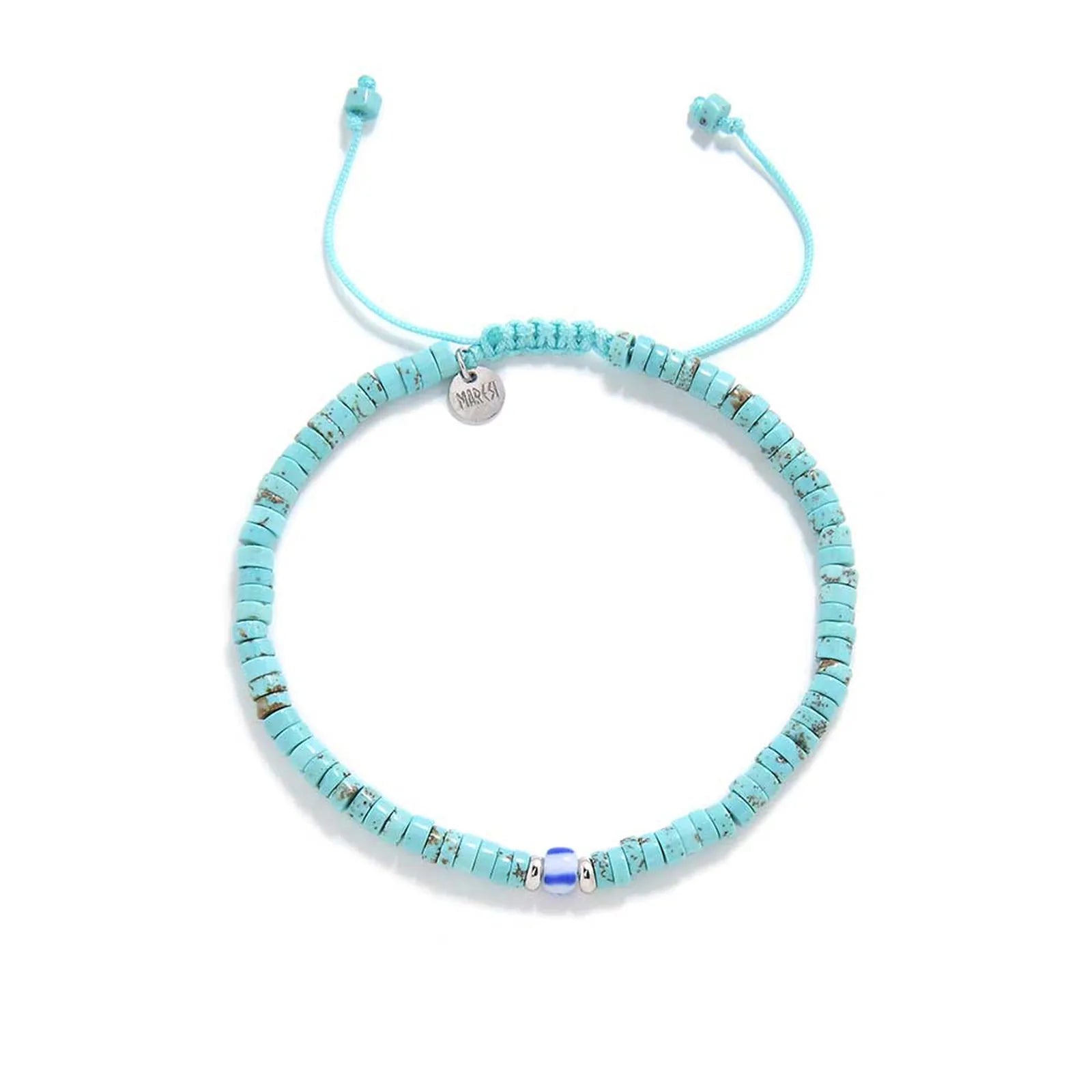 turquoise men's bracelets shown from above with turquoise clay beads with blue accent bead and round bracelet shape