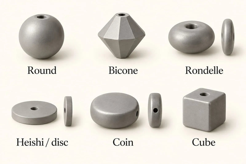 Labeled round, bicone, rondelle, heishi disc, coin, and cube bead shapes with side-profile examples.