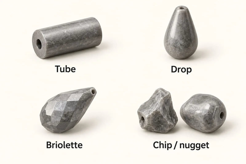Labeled tube, smooth drop, faceted briolette, and irregular chip and nugget bead shapes.