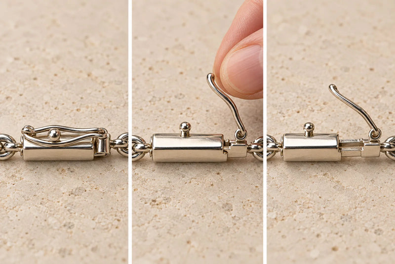 Types of bracelet clasps: three views of a box clasp with its safety catch closed, lifted and tongue withdrawn.