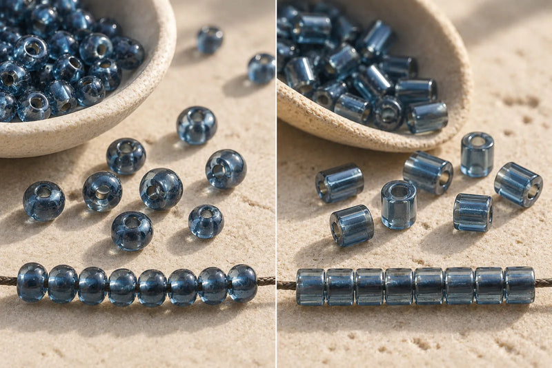 Types of Seed Beads compared side by side, with blue round beads on the left and cylinder beads on the right.