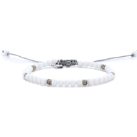White Jade Bracelet full view with white round beads, silver spacers, and light gray adjustable cord.