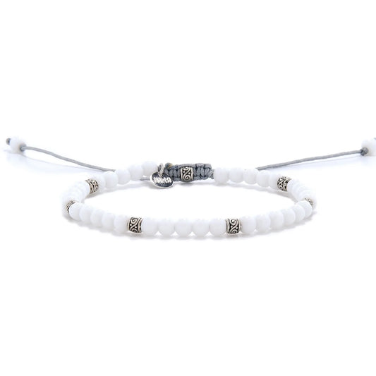 White Jade Bracelet for men full view with white round beads, silver spacers, and light gray adjustable cord.