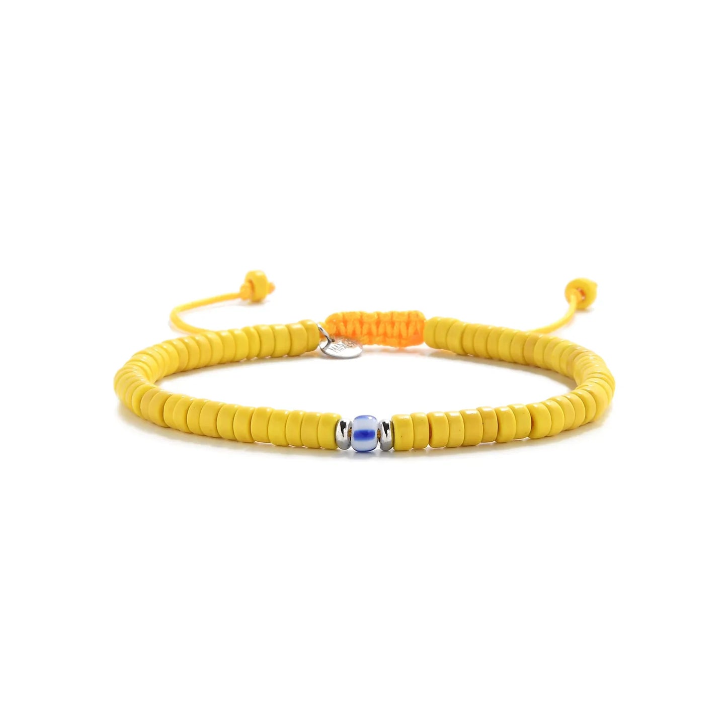 Yellow Beads shown in full view with yellow clay beads with blue accent bead and adjustable cord