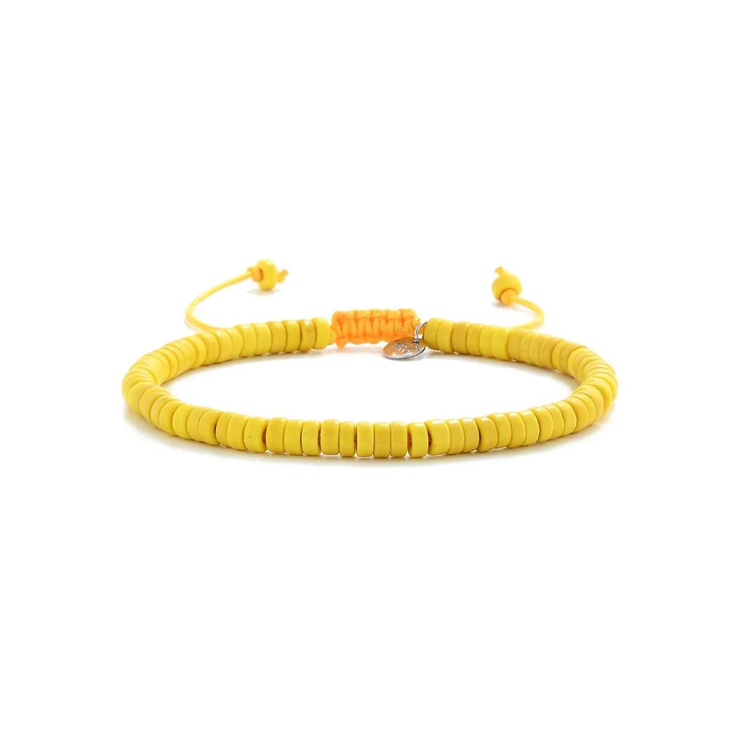 Yellow Bracelet shown in full view with yellow clay beads with silver charm and adjustable cord