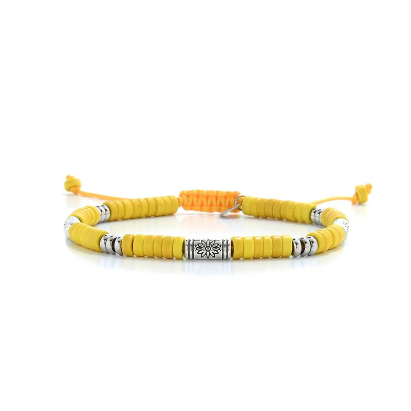 Yellow Gemstone Jewelry shown in full view with yellow clay beads with engraved silver spacers and adjustable cord