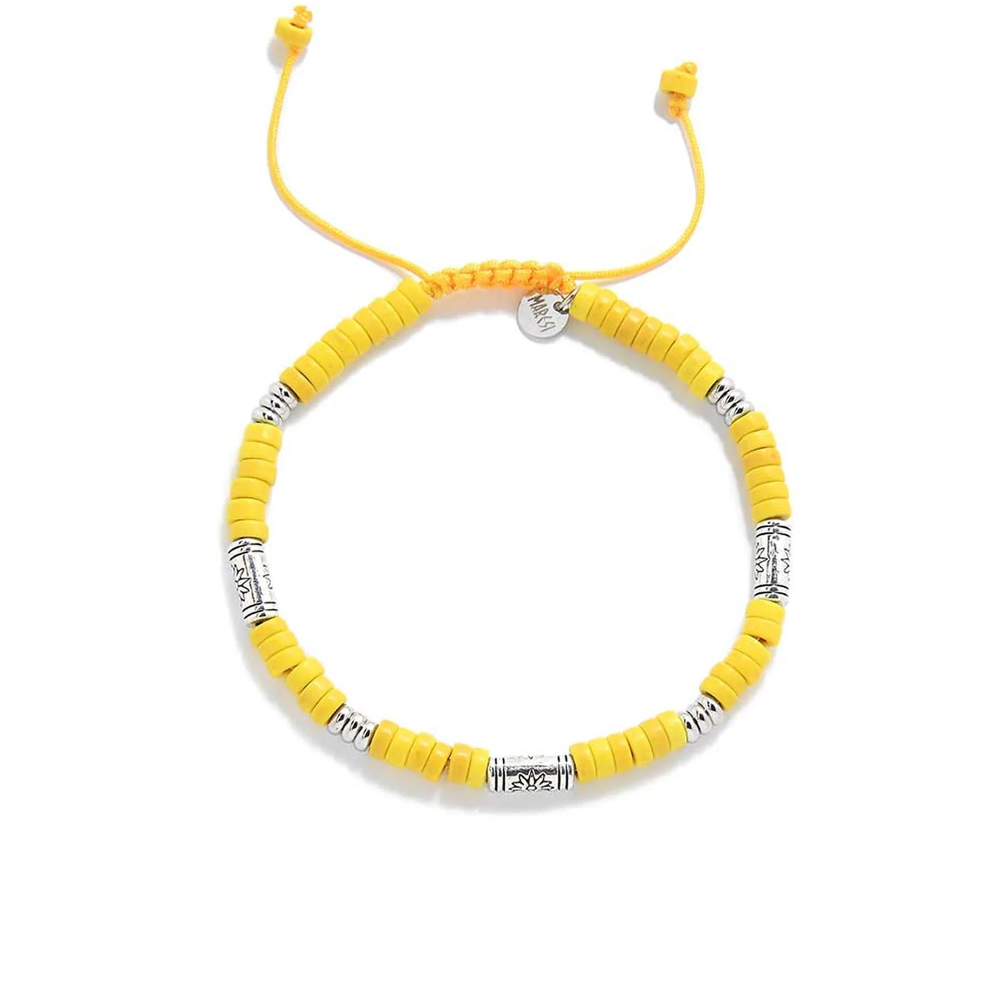 Yellow Gemstone Jewelry shown from above with yellow clay beads with engraved silver spacers and round bracelet shape