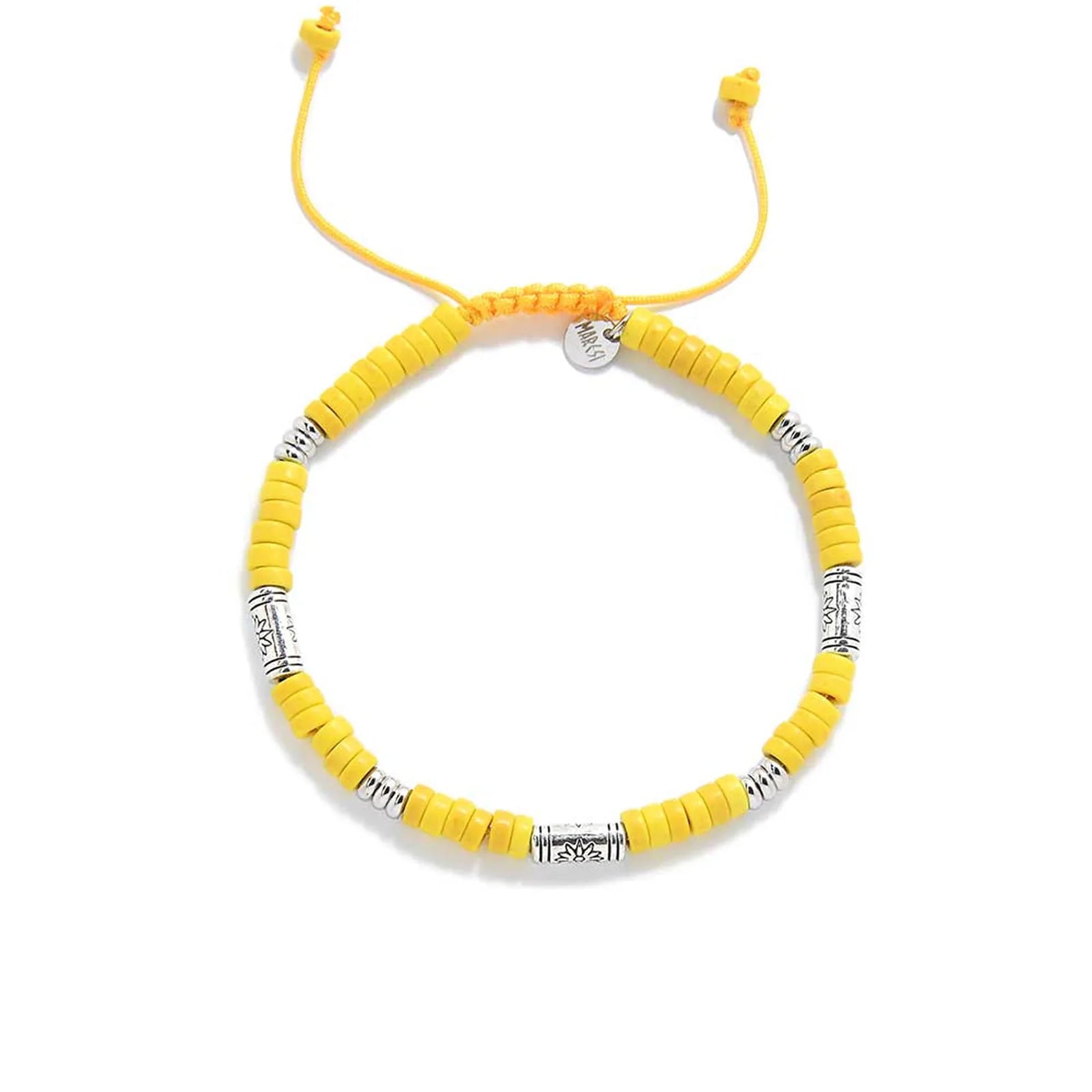 Yellow Gemstone Jewelry shown from above with yellow clay beads with engraved silver spacers and round bracelet shape