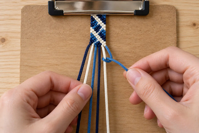 Hands knotting blue embroidery floss around an ivory string below a bracelet secured to a clipboard.